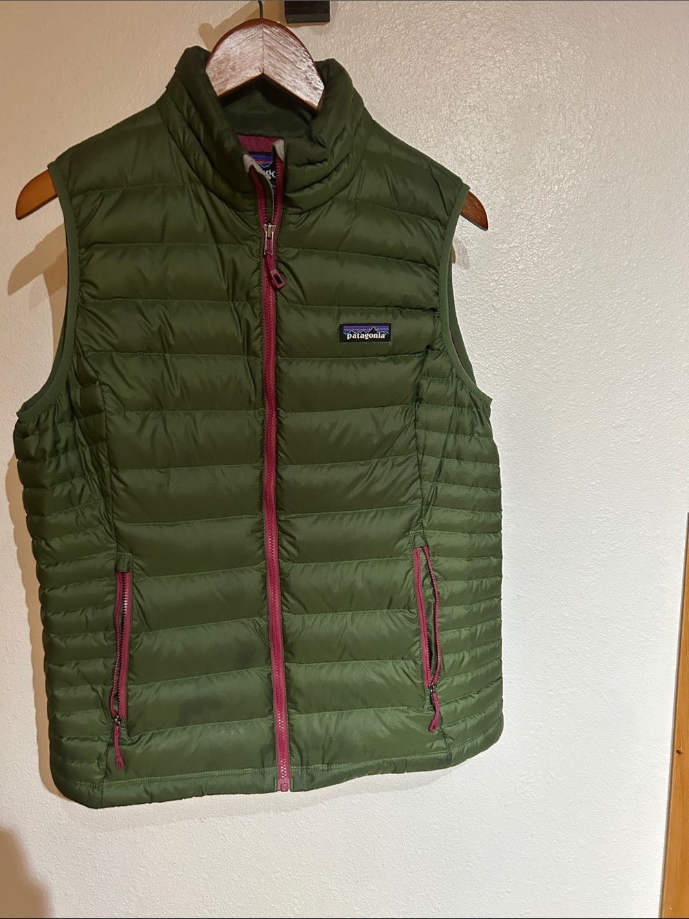 Patagonia Olive Green Puffer Vest with Pink Trim